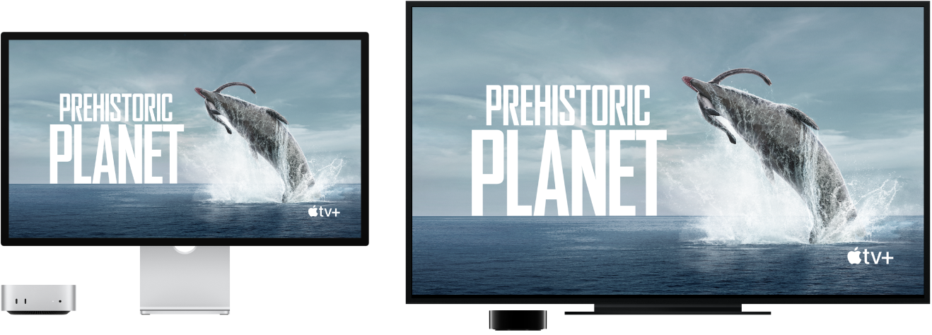 Mac mini שהתוכן שלו משוקף על מסך HDTV גדול באמצעות Apple TV.