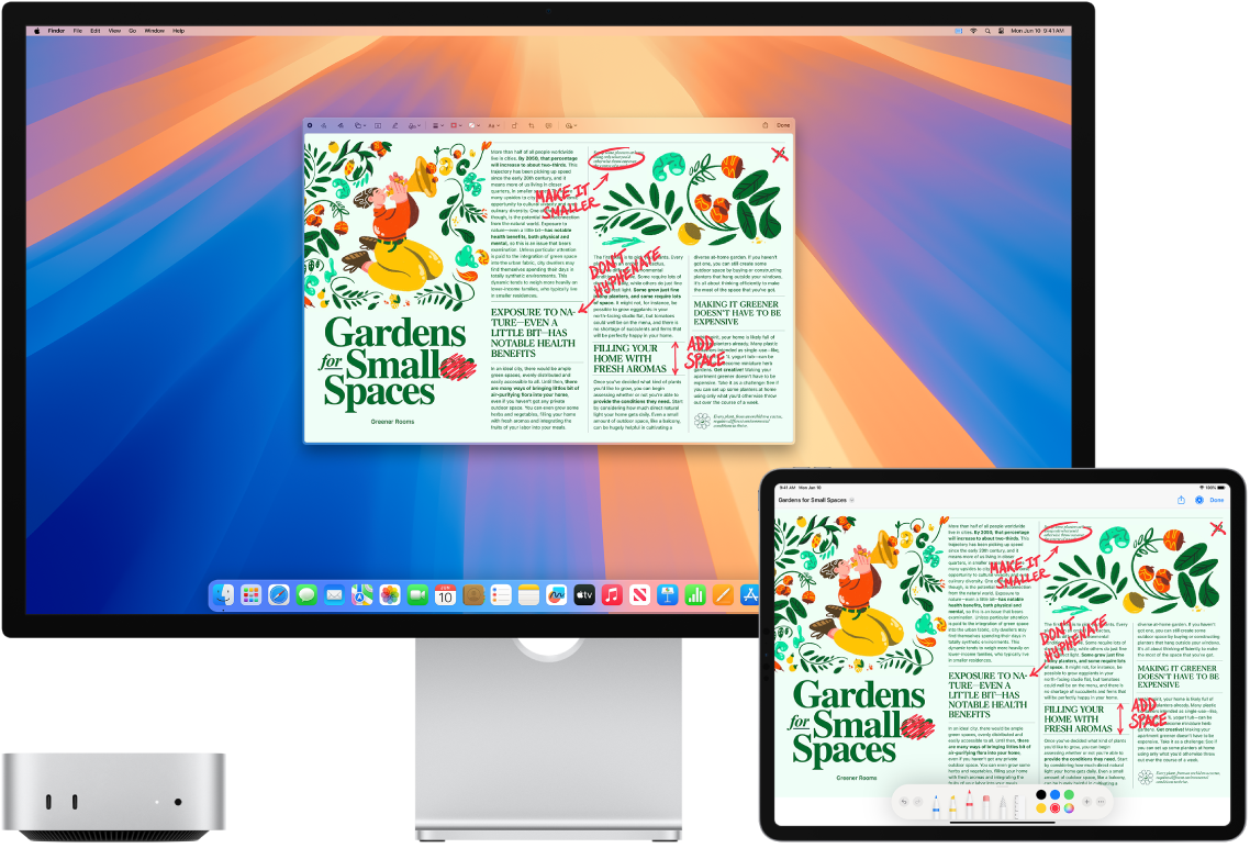 En Mac Mini og en iPad vises side om side. Begge skjermene viser en artikkel som er full av håndskrevne, røde merknader, for eksempel utkryssede setninger, piler og ekstra ord. På iPaden vises også kontroller for merking nederst på skjermen.