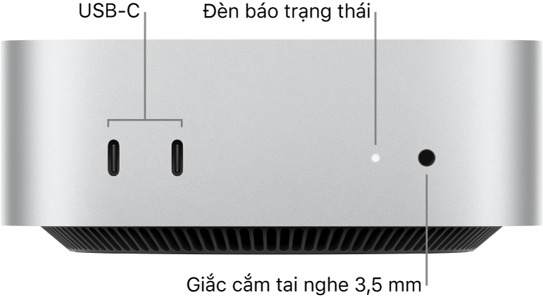 Mặt trước của Mac mini đang hiển thị hai cổng USB-C, đèn báo trạng thái và giắc cắm tai nghe 3,5 mm.