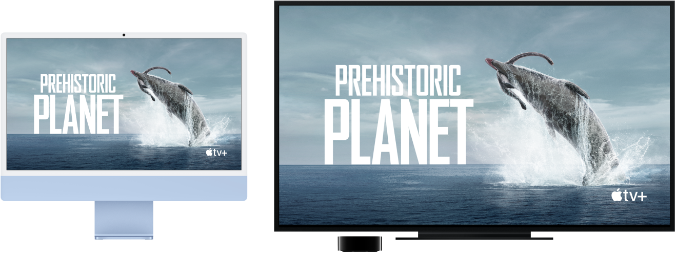 جهاز iMac تم إجراء انعكاس لمحتوياته على تلفزيون HDTV كبير باستخدام Apple TV.