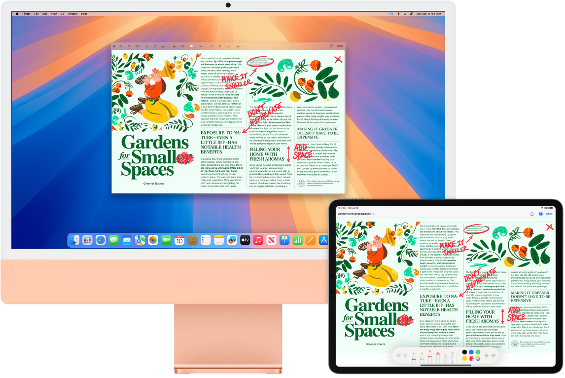 iMac и iPad, сложени един до друг. И двата екрана показват статия, която е покрита с ръкописни червени редакции като задраскани изречения, стрелки и добавени думи. iPad също има бутони за украсяване в долната част на екрана.