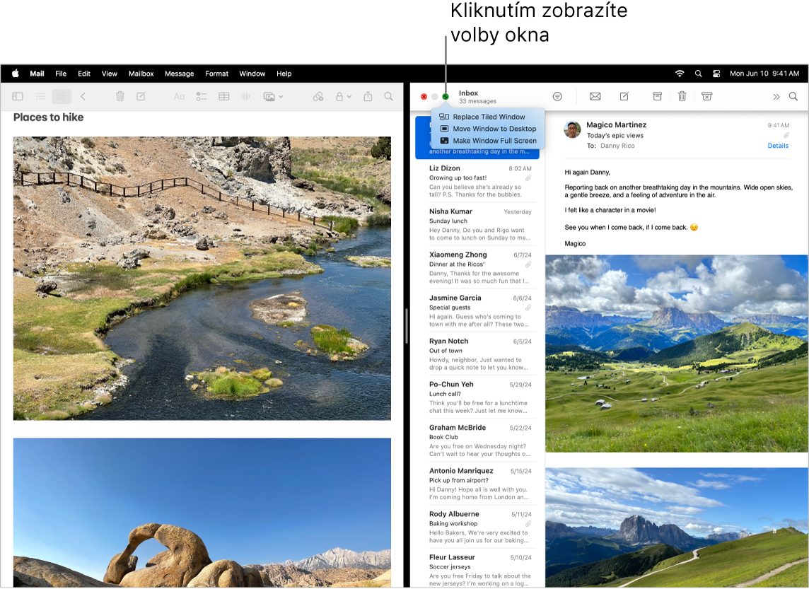 Prezentace Keynote vyplňující levou stranu obrazovky a dokument Pages vyplňující pravou stranu Místní nabídka otevřená pod zeleným tlačítkem zobrazující volby pro nahrazení okna na dlaždici, přesunutí okna na plochu a zvětšení okna na celou obrazovku