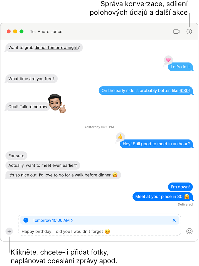 Okno aplikace Zprávy zobrazující konverzaci. Odeslání zprávy je naplánováno na Zítra v 10:00. Ve zprávě stojí „Všechno nejlepší k narozeninám! Říkala jsem ti, že nezapomenu.“