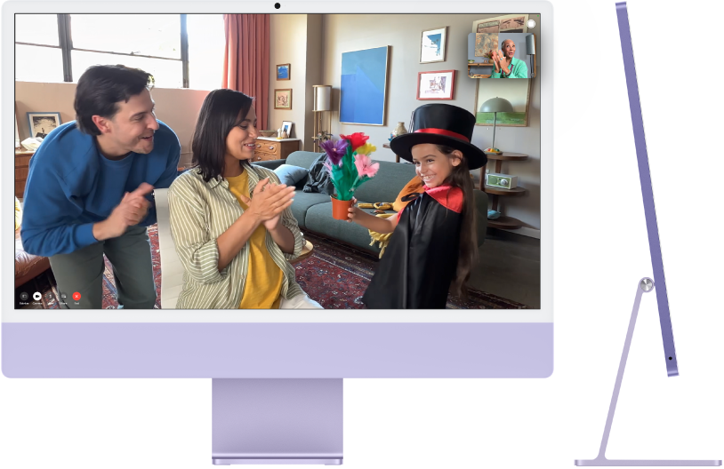 Vistas frontal y lateral de un iMac de 24 pulgadas.