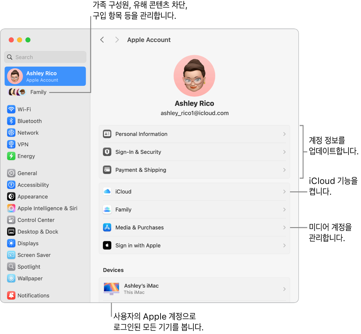 계정 정보 업데이트, iCloud 기능 켜기 또는 끄기, 미디어 계정 관리 및 가족 구성원, 유해 콘텐츠 차단, 구입 항목 등을 관리할 수 있는 가족에 대한 설명이 있는 시스템 설정의 Apple 계정 설정.