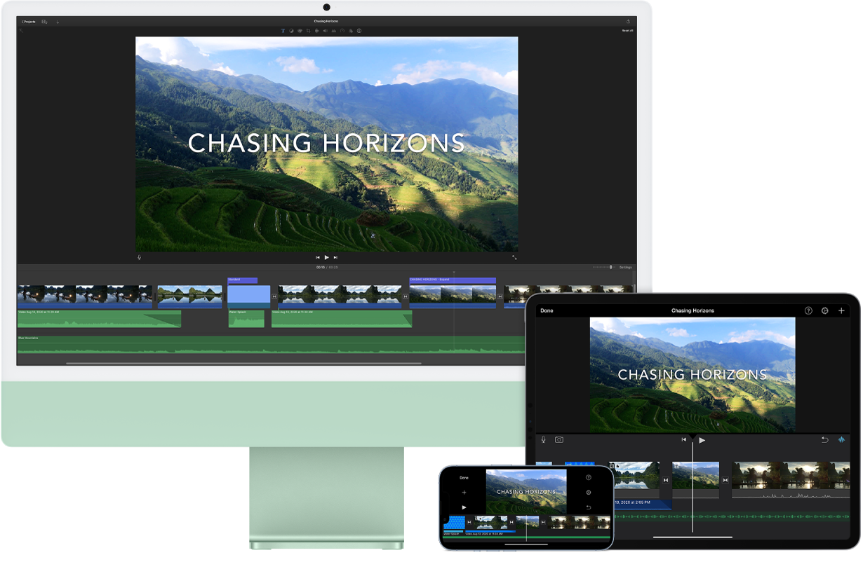 Ta sama zawartość wyświetlana na iMacu, na iPadzie, i na iPhonie.