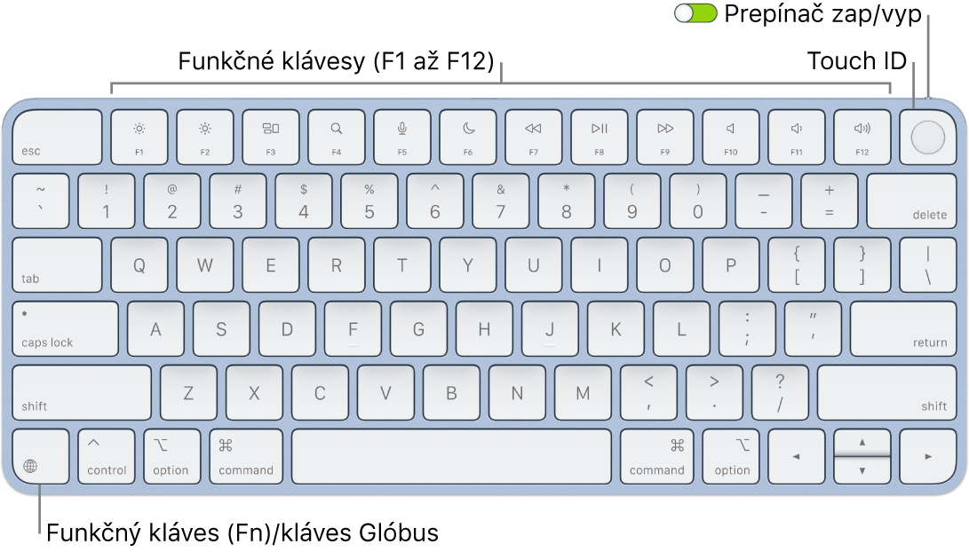 Klávesnica Magic Keyboard s Touch ID, na ktorej je vidieť rad funkčných klávesov a senzor Touch ID v hornej časti a funkčný kláves (Fn)/kláves so zemeguľou v ľavom dolnom rohu.