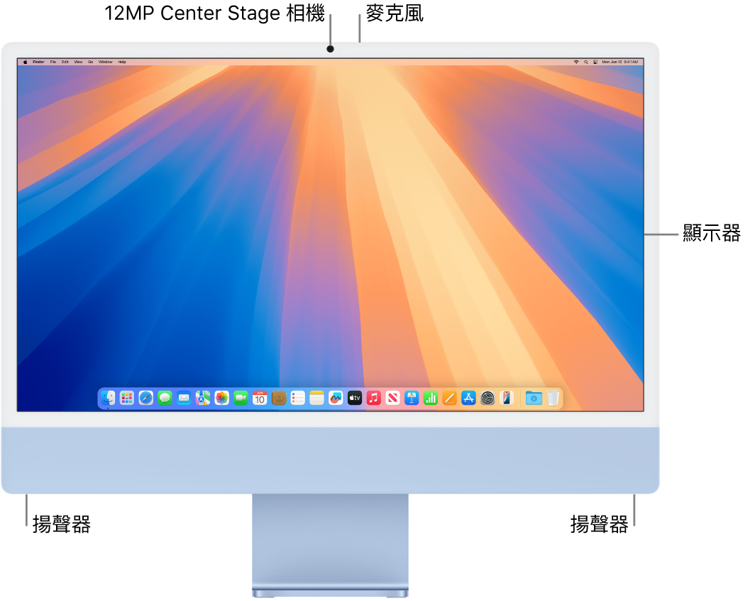 iMac 的正面,顯示螢幕、相機、麥克風和揚聲器。