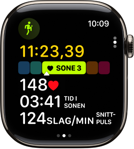 En aktiv treningsøkt, som viser medgått tid, nåværende puls og gjennomsnittlig puls.