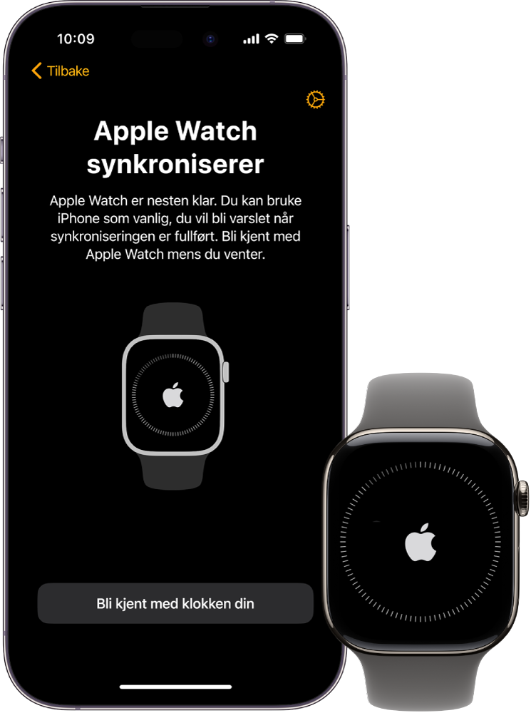 En iPhone og Apple Watch som viser synkroniseringsskjermene.