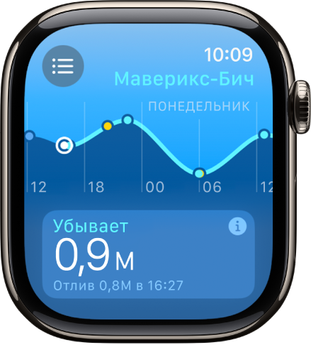 Экран приложения «Волны». Показана информация о геопозиции.