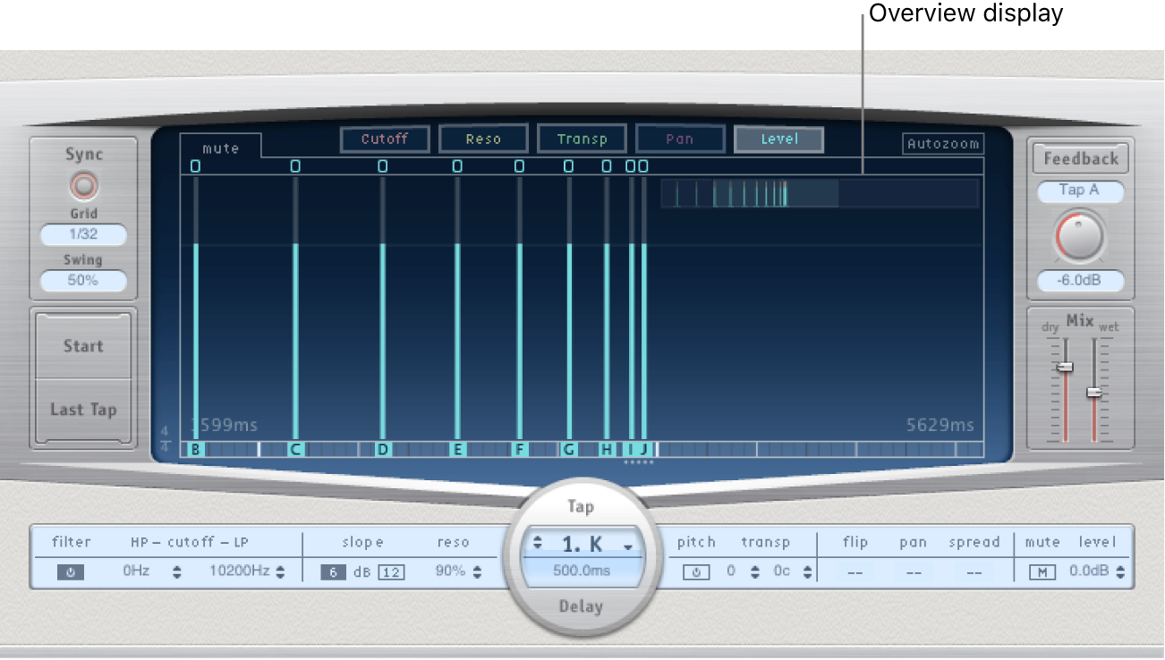 Delay Designer Tap 디스플레이의 오른쪽 상단 모서리에 있는 개요 디스플레이.