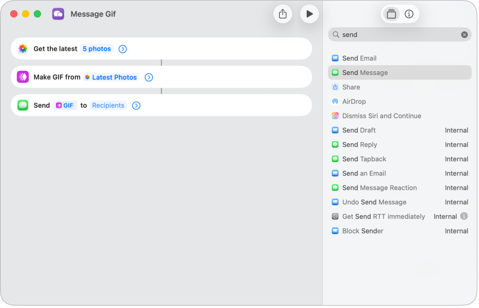 Shortcut editor showing actions used to send a message with photos as an animated GIF.
