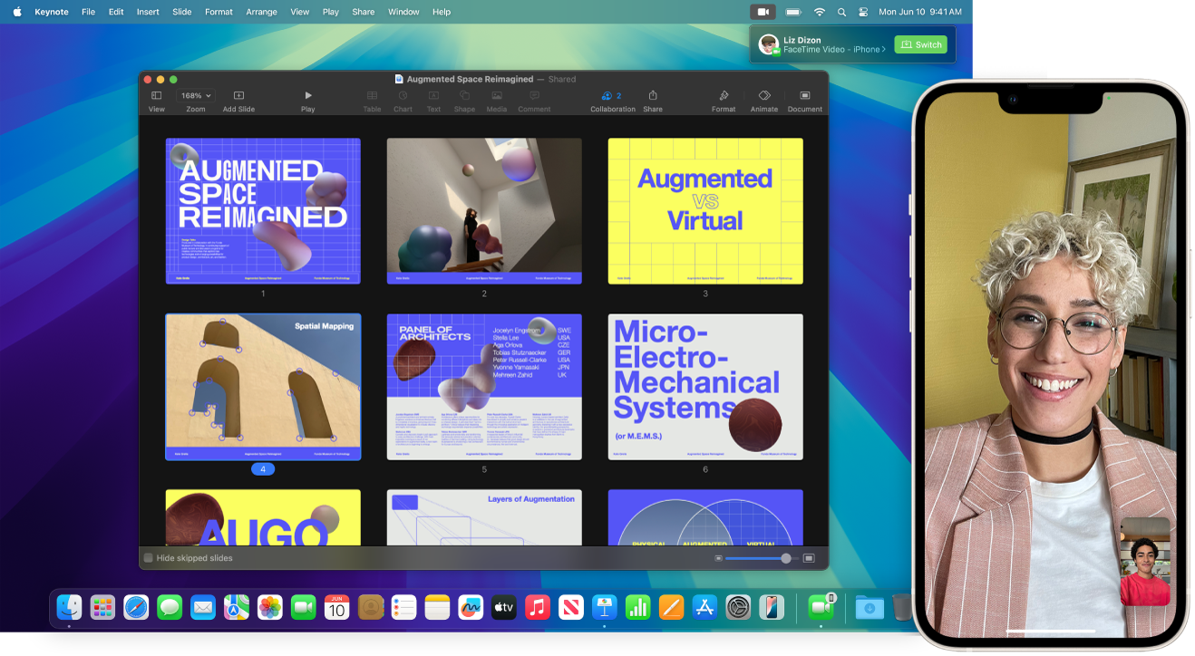 Et FaceTime-opkald på en iPhone ved siden af en Mac-computer med et åbent Keynote-vindue. I øverste højre hjørne af Mac-skrivebordet er der en knap til at overføre FaceTime-opkaldet til Mac-computeren.