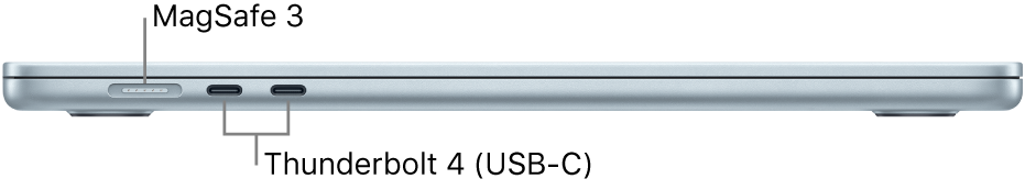 Ansicht der linken Seite des MacBook Air mit Beschriftungen der MagSafe 3- und Thunderbolt 4-Anschlüsse.