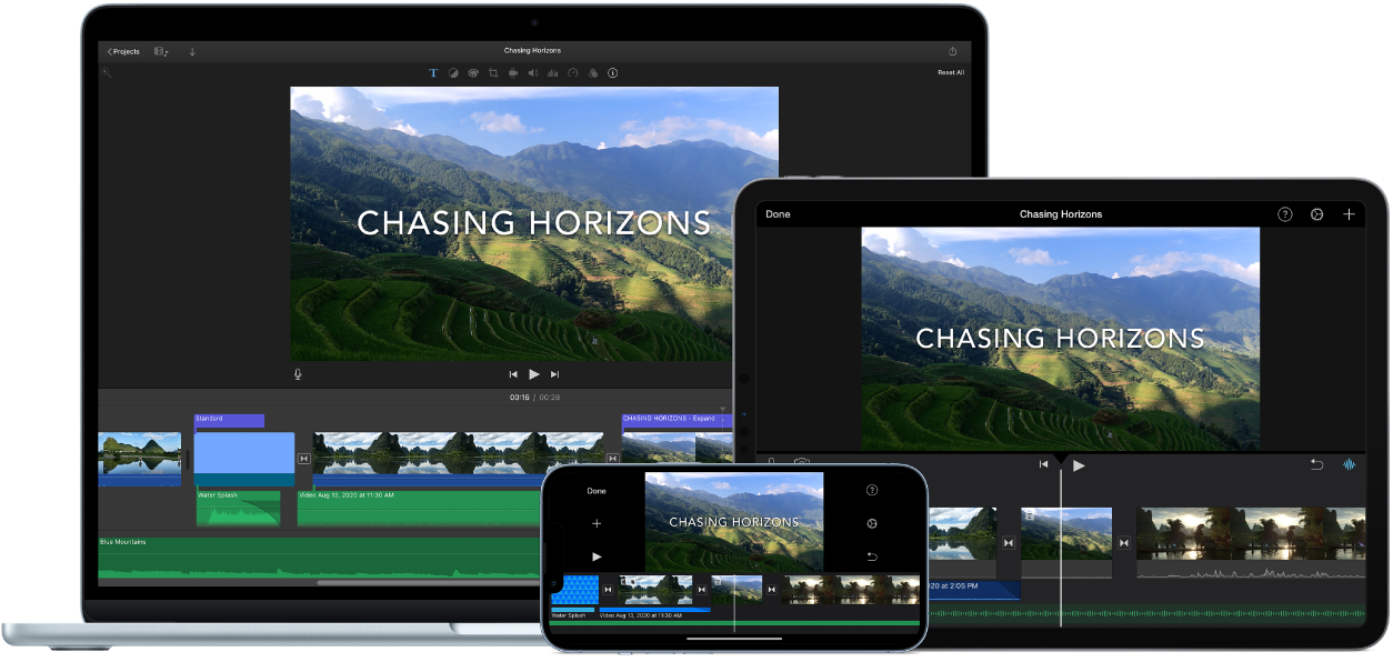 Contenu identique affiché sur un MacBook Air, un iPad et un iPhone.