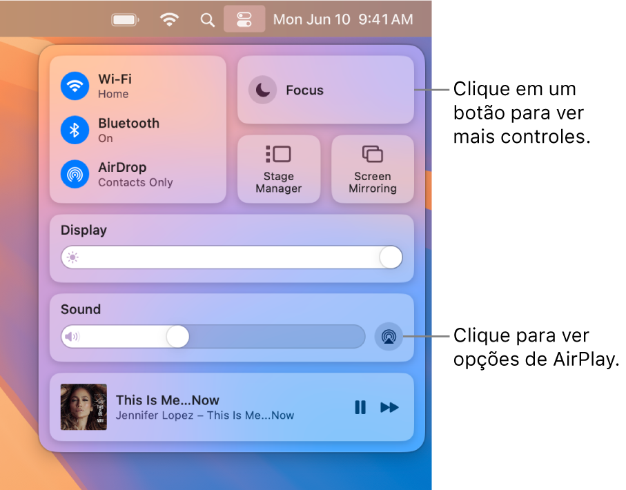 Visualização ampliada da Central de Controle no Mac, com uma chamada para o botão Exibir.