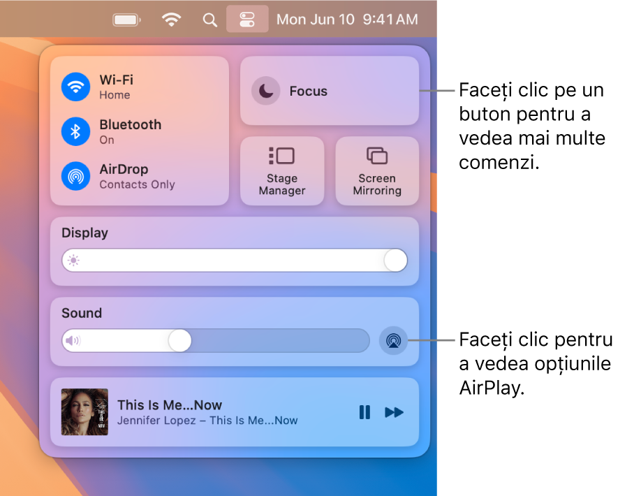 Vizualizare mărită a centrului de control de pe Mac cu o explicație pentru butonul Afișaj.