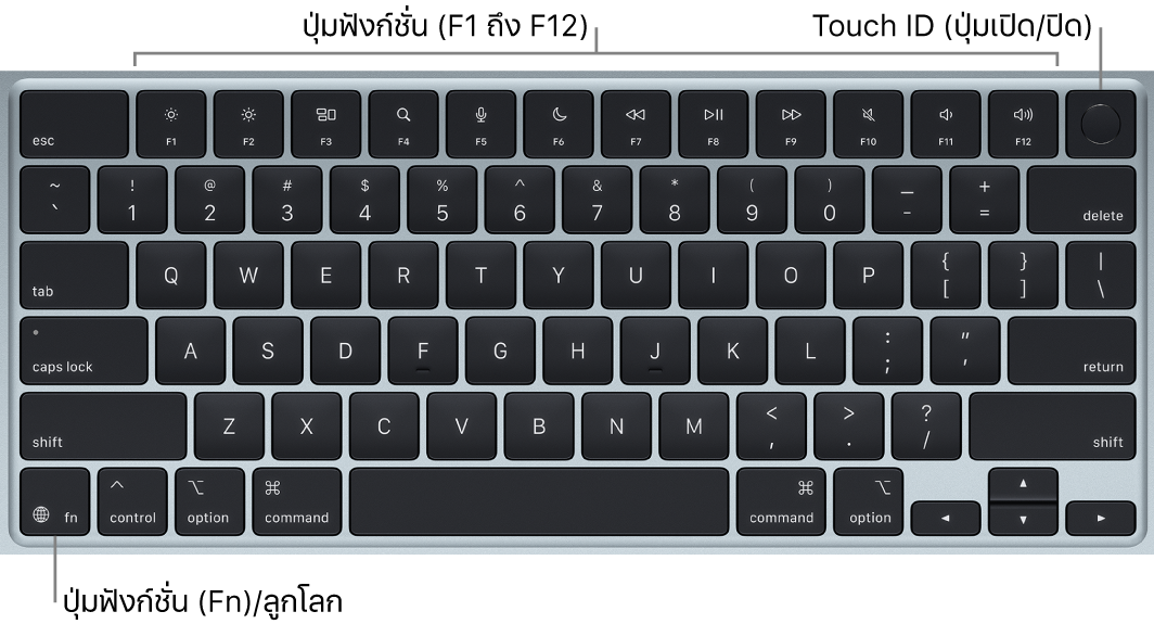 แป้นพิมพ์ MacBook Air ที่แสดงแถวของปุ่มฟังก์ชั่นและ Touch ID (ปุ่มเปิด/ปิด) ตลอดแนวด้านบนสุด และปุ่ม Function (Fn)/ปุ่มโลกตรงมุมซ้ายล่าง