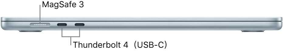 MacBook Air 的左側圖,顯示 MagSafe 3 和 Thunderbolt 4 埠的說明框。