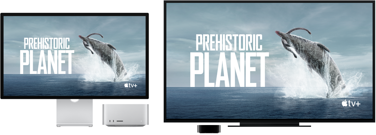 Mac Studio sisu peegeldatakse Apple TV abil suure HD-televiisori ekraanile.