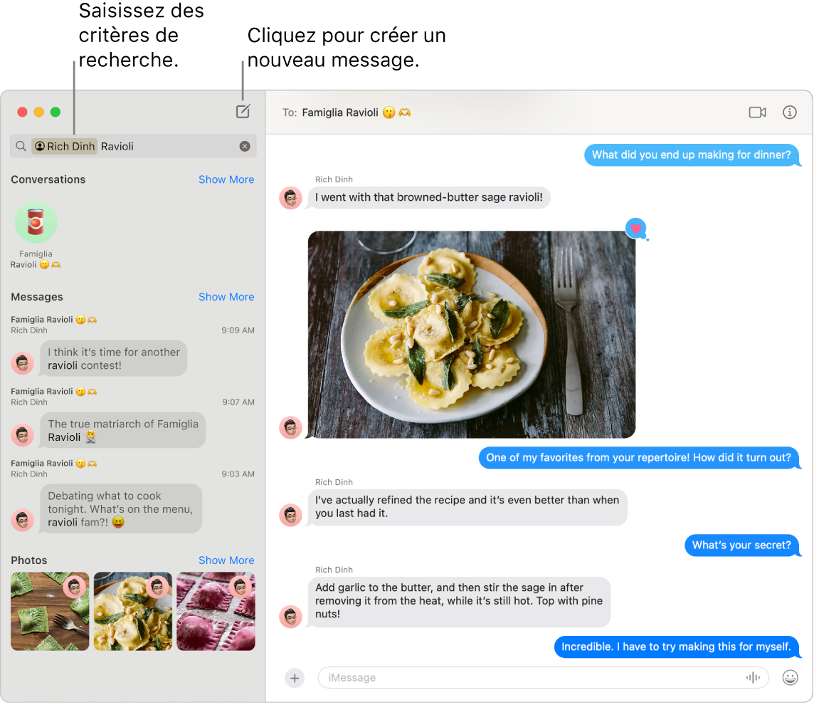 Une fenêtre Messages montrant les résultats de recherche pour un contact et « ravioli » à gauche. À droite apparaît une conversation avec une photo de ravioli.