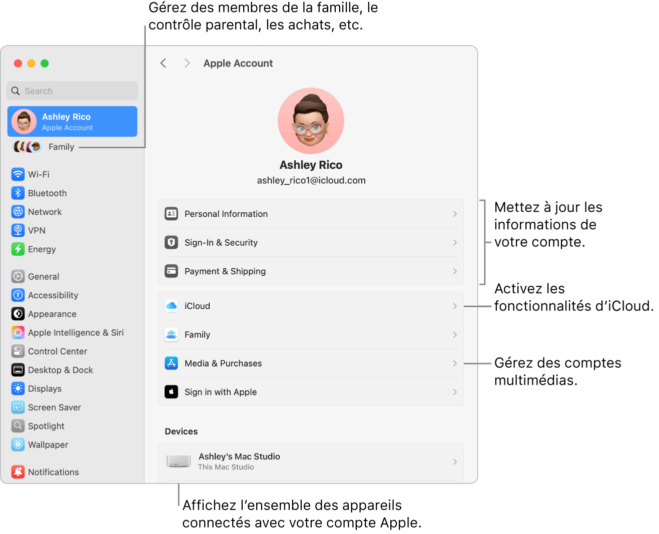 Réglages du compte Apple dans « Réglages Système » avec des légendes pour la mise à jour des informations du compte, l’activation ou la désactivation des fonctionnalités iCloud, la gestion des comptes multimédias, et Famille, où vous pouvez gérer les membres de votre famille, le contrôle parental, les achats, et plus encore.