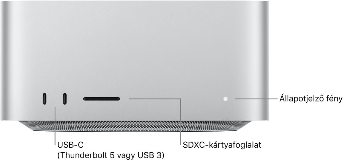 A Mac Studio elülső oldala két USB-C-porttal, az SDXC-kártyanyílással és az állapotjelző fénnyel.