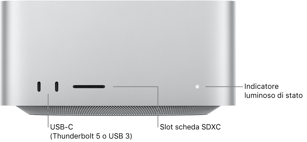 Il lato anteriore di Mac Studio che mostra due porte USB-C, lo slot scheda SDXC e l'indicatore luminoso di stato.