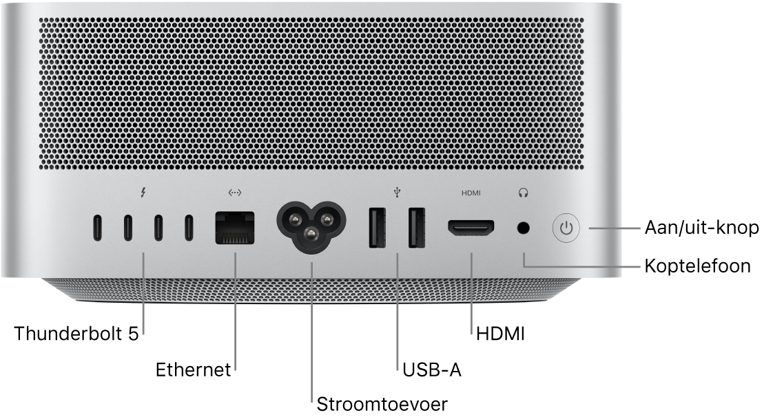 De achterkant van een Mac Studio met vier Thunderbolt 5-poorten (USB-C), een Gigabit ethernetpoort, een poort voor het netsnoer, twee USB-A-poorten, een HDMI-poort, een 3,5-mm koptelefoonaansluiting en de aan/uit-knop.