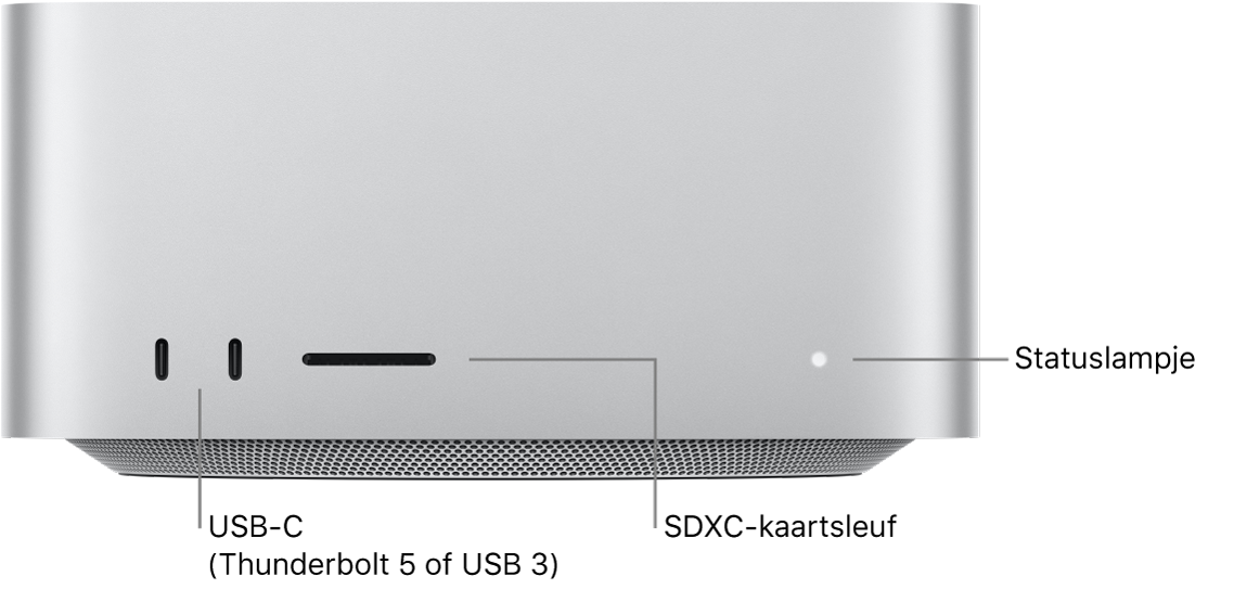 De voorkant van een Mac Studio met twee USB-C-poorten, de SDXC-kaartsleuf en het statuslampje.