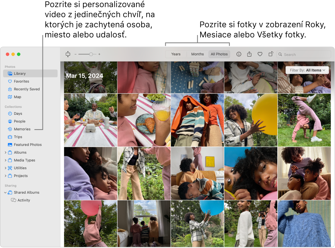 Okno apky Fotky zobrazujúce funkciu Spomienky v ľavom postrannom paneli a vyskakovacie menu v hornej časti okna Fotky, v ktorom môžete zobrazovať fotky v albume podľa dňa, mesiaca a roka.