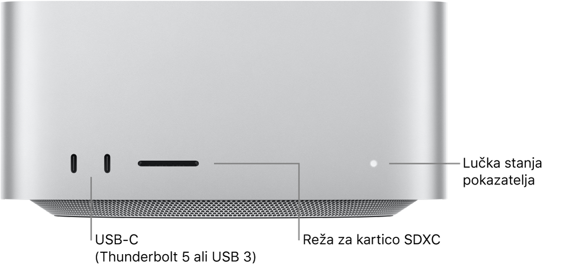 Sprednji del Mac Studio prikazuje dva vrata USB-C, režo za kartico SDXC in indikatorsko lučko stanja.