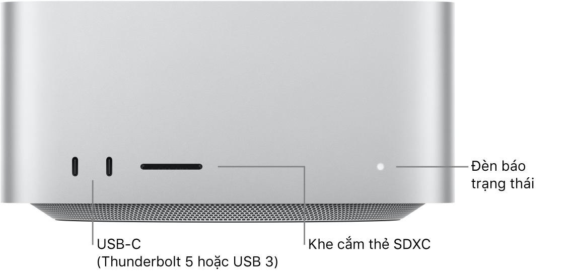 Mặt trước của Mac Studio đang hiển thị hai cổng USB-C, khe cắm thẻ SDXC và đèn báo trạng thái.