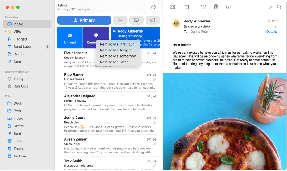 نافذة بريد تعرض خيارات التذكير متنوعة.