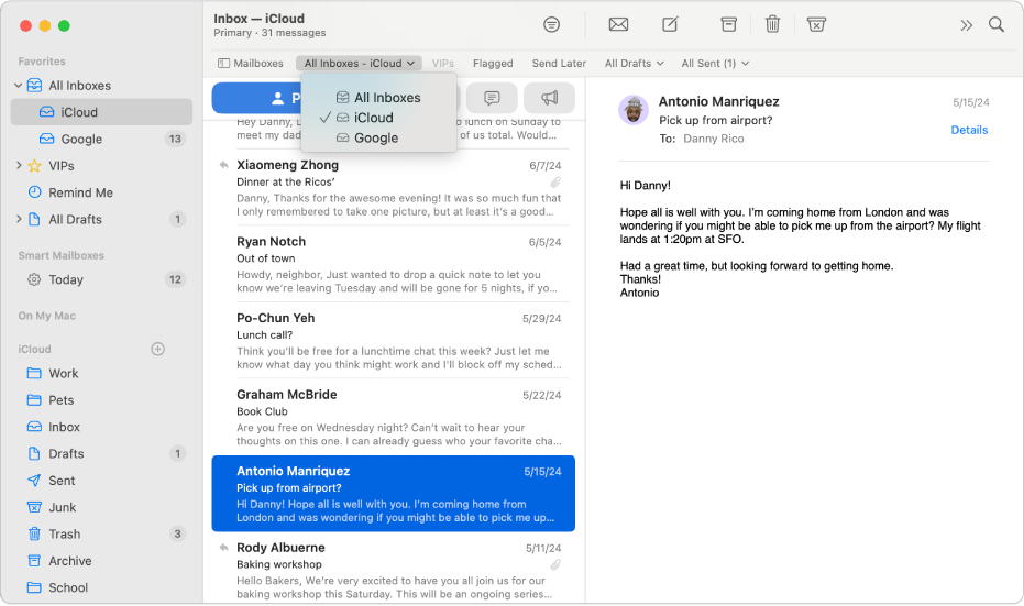 Una finestra del Mail que mostra el menú “Bústies d’entrada” a la barra de favorites.