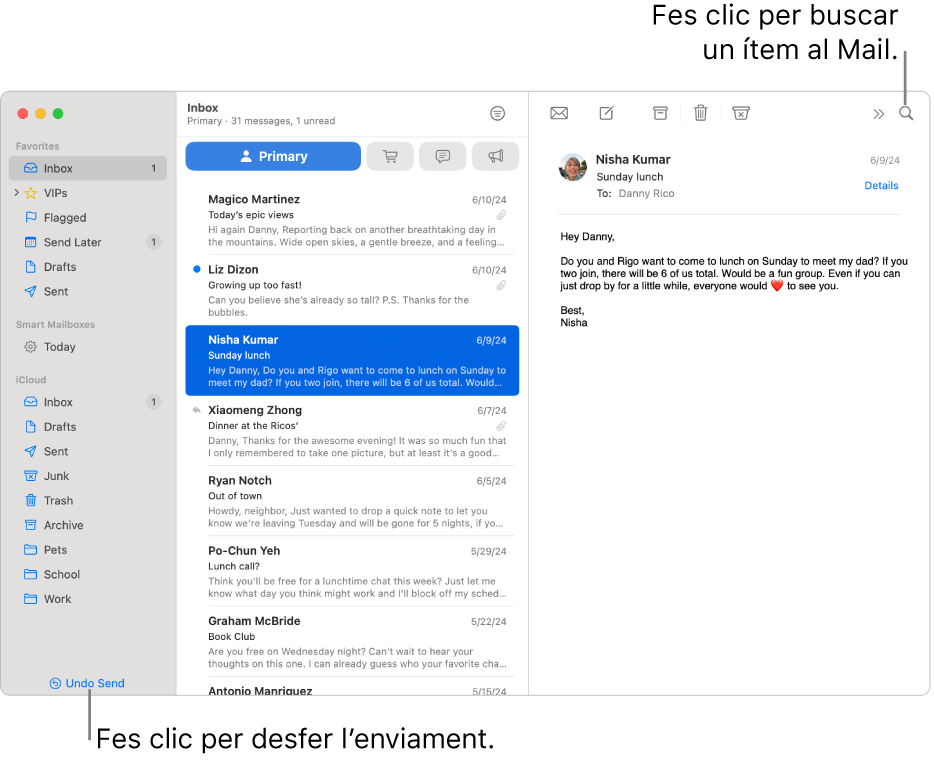 Una finestra del Mail amb la barra lateral a l’esquerra. El botó “Desfés l’enviament” és a la part inferior de la barra lateral.