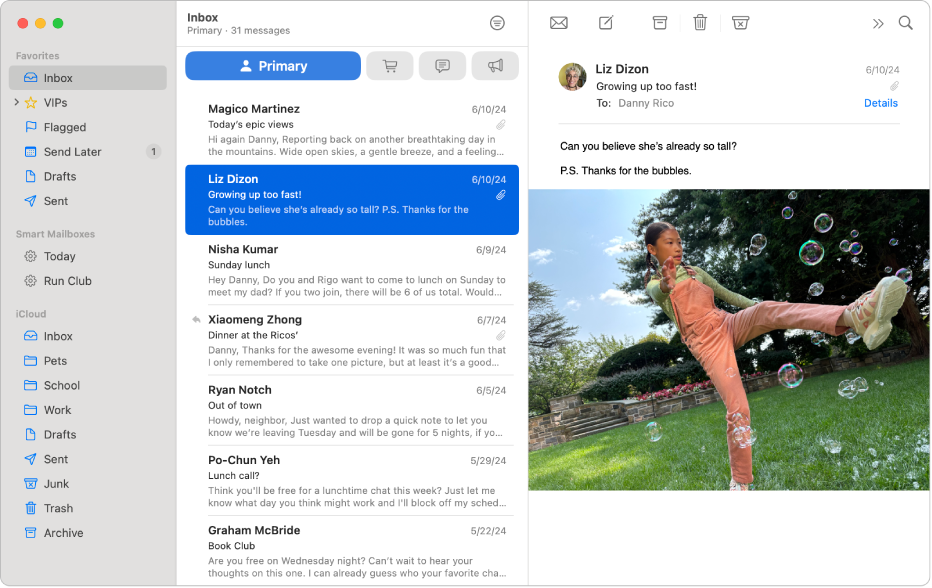 A Mail window showing various mailboxes in the sidebar.
