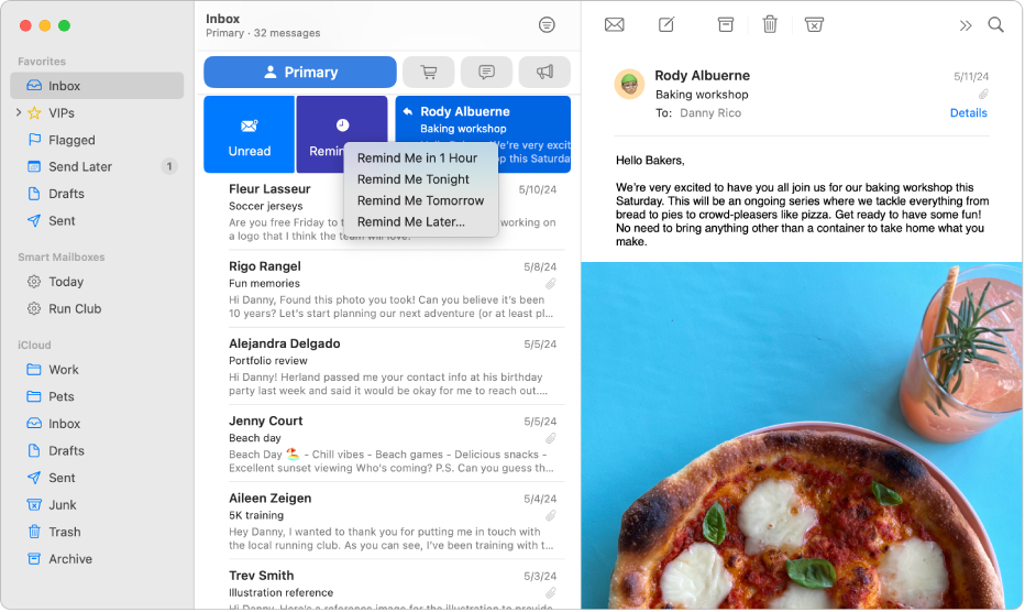 A Mail window showing various reminder options.