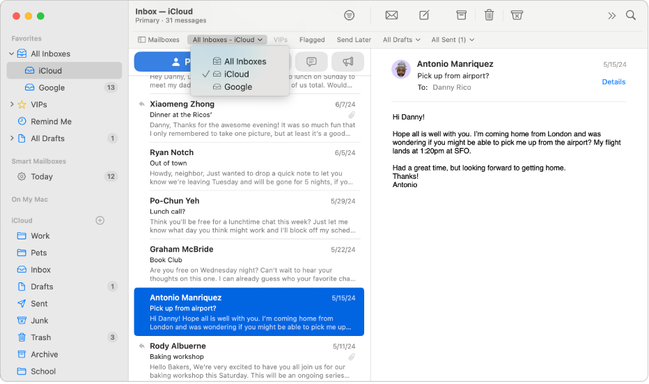 A Mail window showing the All Inboxes menu in the Favorites bar.