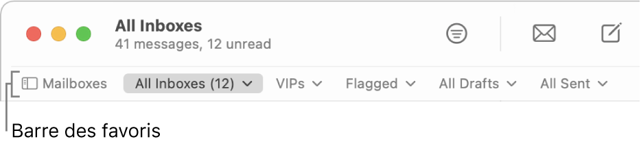 La barre des favoris comprenant le bouton « Boîtes aux lettres » et les boutons permettant d’accéder aux boîtes aux lettres favorites, telles que les boîtes VIP et Marqués.