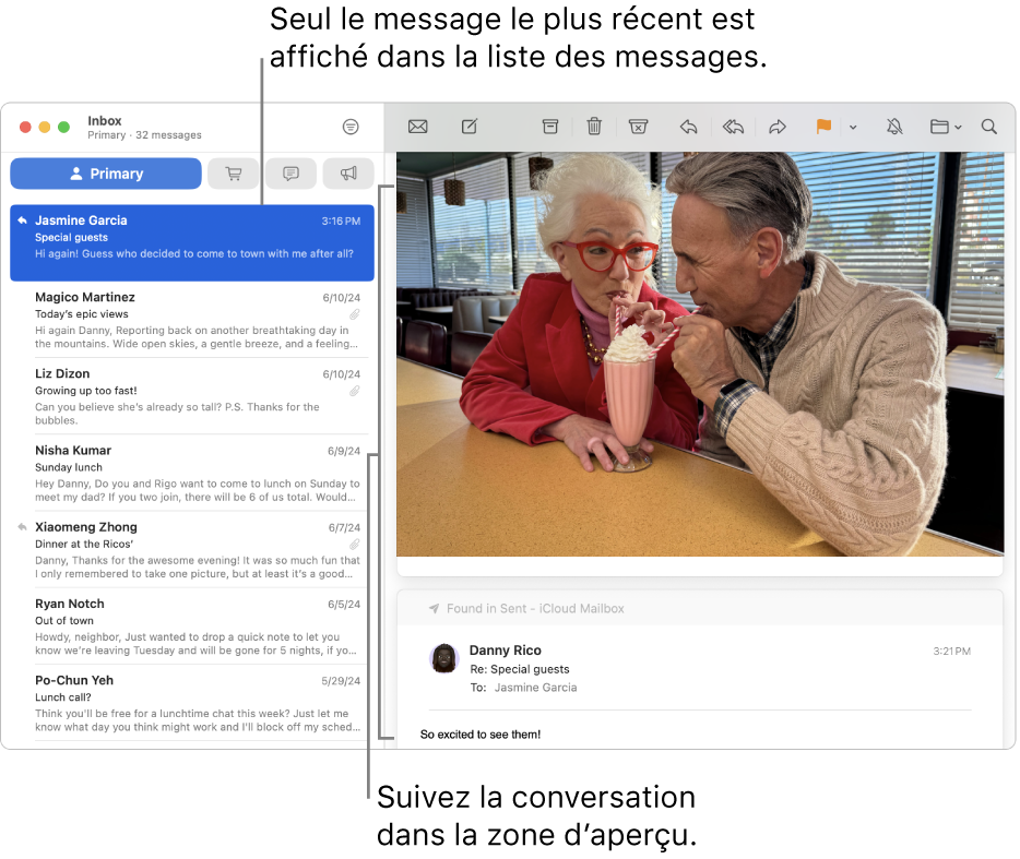 Seul le message le plus récent d’une conversation s’affiche dans la liste des messages. Le nombre indiqué dans le message du haut correspond au nombre de messages de la conversation présents dans la boîte aux lettres active. Suivez la conversation dans la zone d’aperçu.