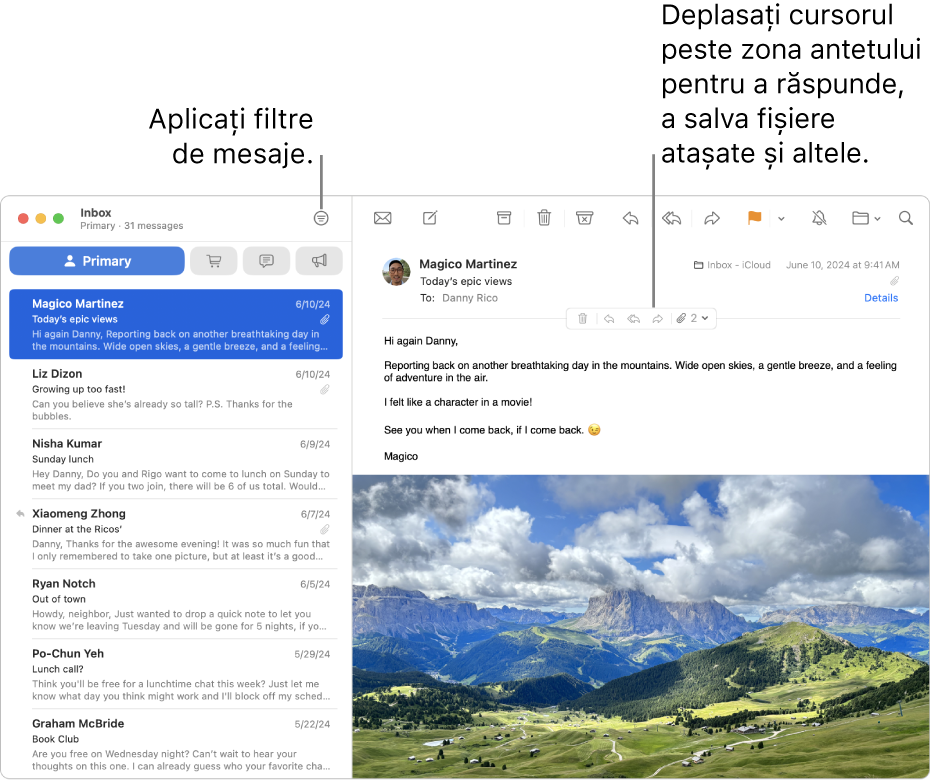 Fereastra Mail. Faceți clic pe butonul Filtru din bara de instrumente pentru a aplica filtre mesajelor. Pentru afișarea butoanelor pentru răspuns, salvarea fișierelor atașate și pentru alte opțiuni, deplasați cursorul deasupra zonei antetului unui mesaj.