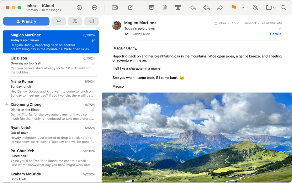 Fereastra aplicației Mail afișând un mesaj din lista de mesaje Principale.