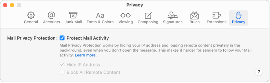 Panoul Intimitate în Configurări Mail.