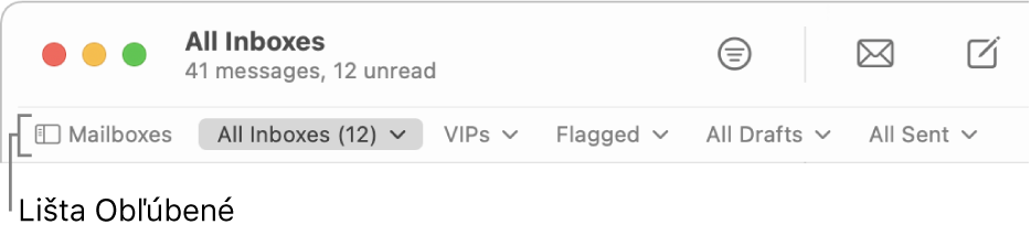 Lišta Obľúbené znázorňujúca tlačidlo Schránky a tlačidlá na prístup k obľúbeným schránkam, ako sú napríklad VIP a Označené.