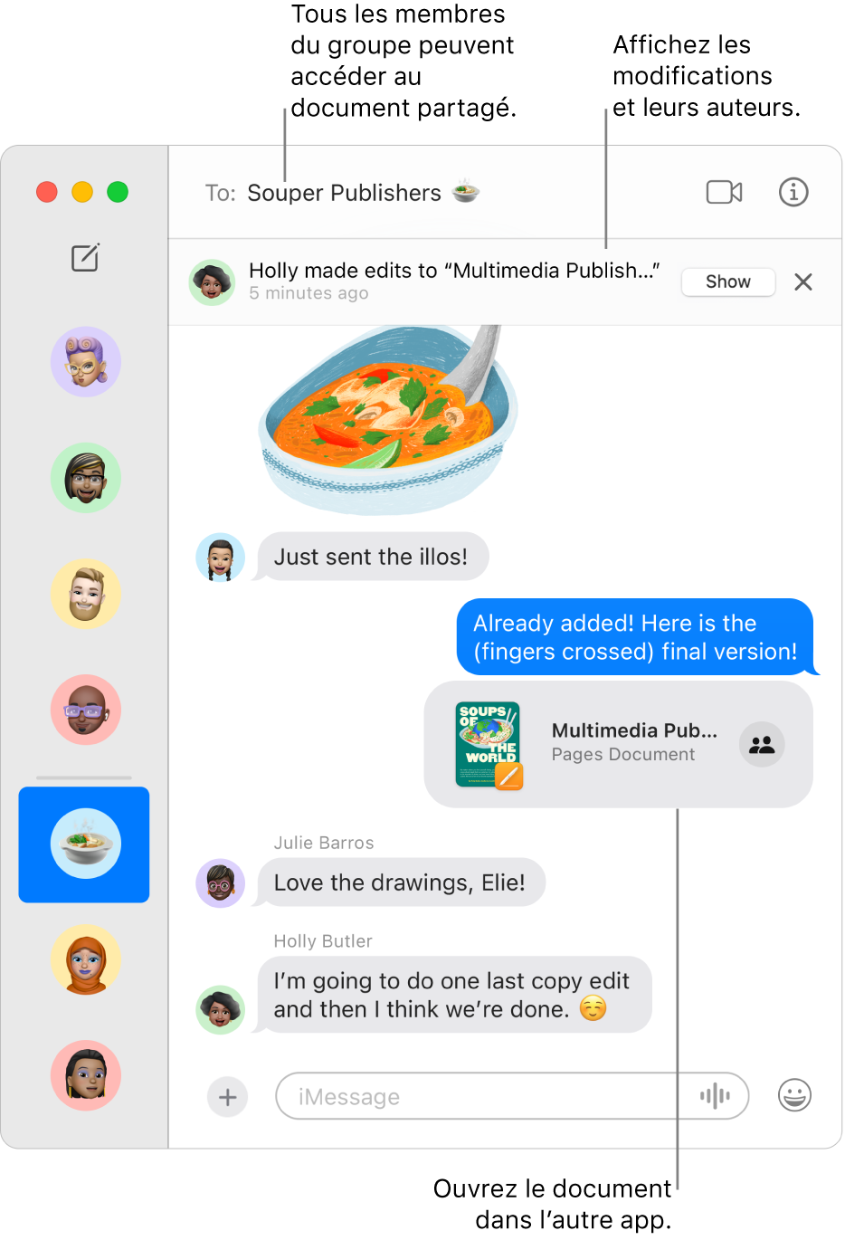 Fenêtre Messages avec une conversation ouverte, ainsi qu’une transcription affichée sur la droite. Quelques éléments sont mis en évidence : un document Pages qui est partagé avec le groupe et peut être ouvert dans Pages à partir de la transcription, le nom du groupe en haut de la fenêtre où tous les participants peuvent accéder au document partagé et une bannière le long du haut de la transcription indiquant qui a apporté des modifications.