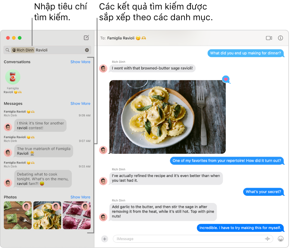 Cửa sổ Tin nhắn với tiêu chí tìm kiếm được nhập vào trường tìm kiếm ở góc trên cùng bên trái. Các kết quả tìm kiếm được sắp xếp bên dưới theo các danh mục như Cuộc hội thoại, Tin nhắn và Ảnh.