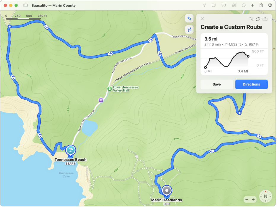 A map of a customized hiking path, with buttons to reverse or complete the hike, total length in distance and time, and elevation gain and loss.