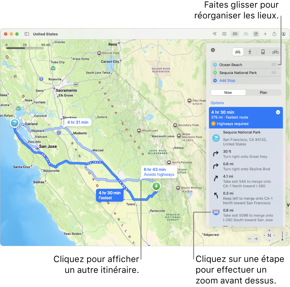 Un plan de la région de San Francisco avec un itinéraire en voiture entre deux lieux. Des routes alternatives sont également affichées sur le plan.